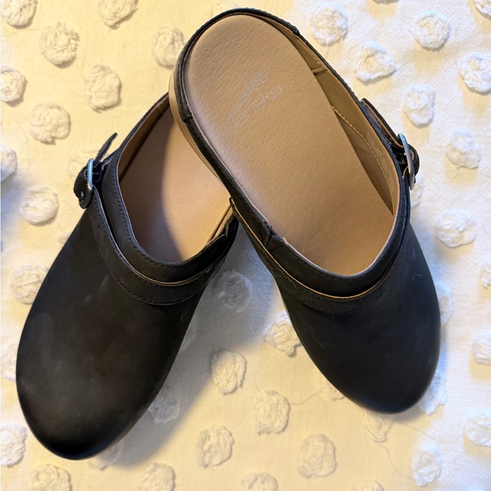 Dansko Black Nubuck Leather Clogs with Buckle